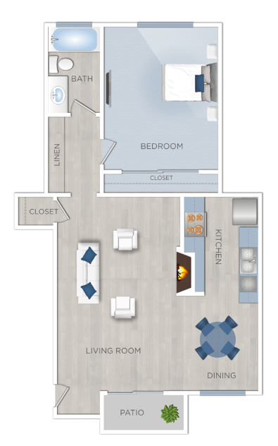 Floor plan for 1 bed, 1 bath, 860 sqft